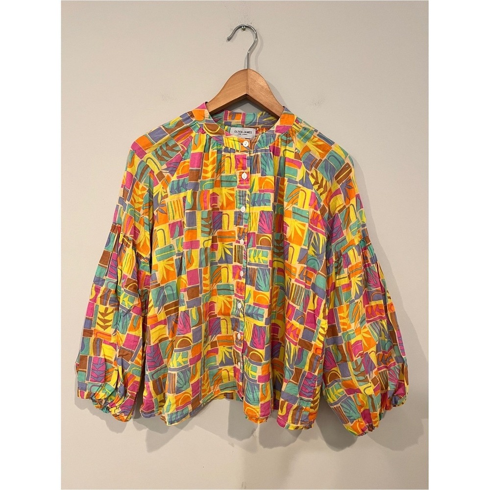 Olivia James The Label Button Down Blouse Geometric Print Multi XS Puff Sleeve